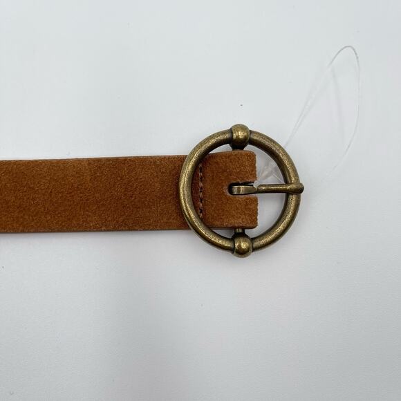 Linea Pelle | NEW Cognac Brown Skinny Suede Belt Round Circle Brass Buckle - Picture 4 of 14